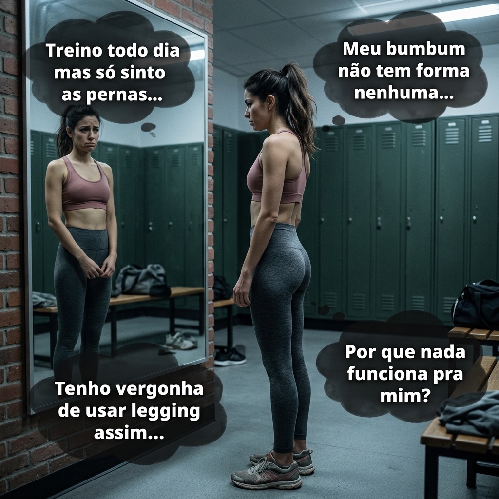Mulher na academia frustrada olhando para o bumbum sem resultado no espelho, com baloes de pensamento